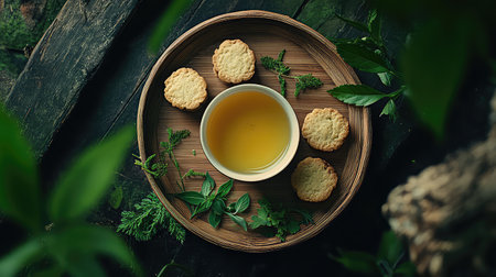 A serene setting featuring delicious homemade cookies served with herbal tea on a wooden tray, surrounded by vibrant green leaves for a natural touch.の素材