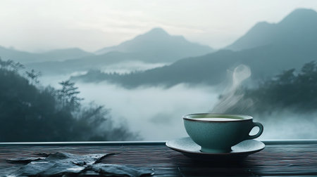 A tranquil scene featuring a steaming cup of tea in the foreground, set against a misty mountain landscape at dawn. Perfect for relaxation and calm.の素材