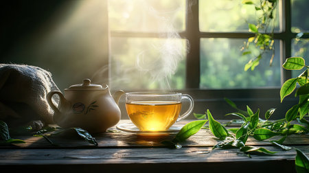 A tranquil scene featuring a steaming cup of tea beside a delicate teapot, illuminated by soft sunlight streaming through a window, surrounded by fresh green leaves.の素材