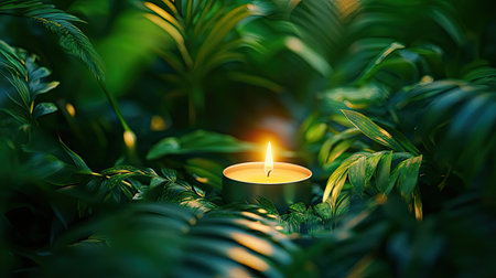 This captivating image features a flickering candle nestled among vibrant green leaves, creating a serene atmosphere ideal for relaxation and meditation.の素材