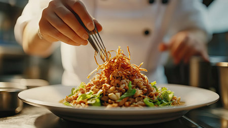 A chef meticulously garnishes a vibrant salad with crispy toppings in a professional kitchen, showcasing culinary skills and creativity in food artistry.の素材