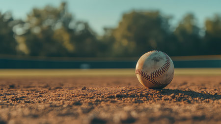A close-up view of a baseball resting on the dirt field, surrounded by a softly blurred background of trees and bright sky, capturing a serene moment.の素材