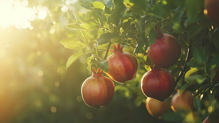 A serene image of ripe pomegranates glistening in the golden sunlight, showcasing the beauty of nature in a lush orchard during a peaceful afternoon.の素材