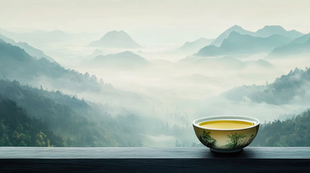 A peaceful image featuring a beautifully crafted tea bowl resting on a ledge, overlooking misty mountains at dawn, promoting serenity and relaxation.の素材