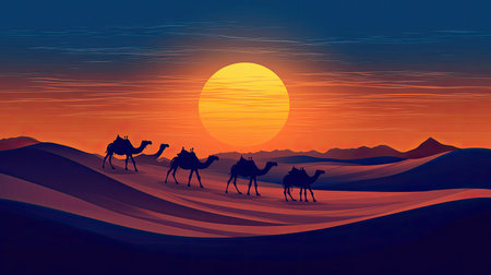 A captivating scene showcasing silhouetted camels walking across sandy dunes during a stunning sunset. This image embodies adventure and tranquility in nature.の素材