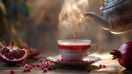 A captivating still life featuring a pomegranate tea being poured elegantly from a teapot into an ornate cup. The rich colors and steam create a cozy atmosphere.の素材