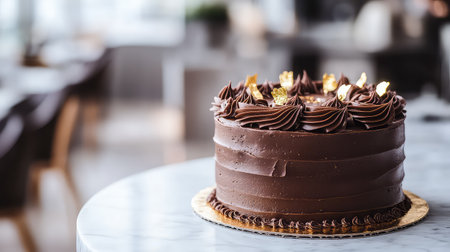 This stunning chocolate cake, adorned with elegant gold flakes, offers a luxurious dessert option for any occasion. Perfect for celebrations or upscale dining.の素材