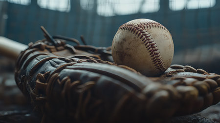 A captivating image of a baseball resting on a glove, with a bat in the background. This photo embodies the spirit of sportsmanship and the preparation for an exciting game.の素材