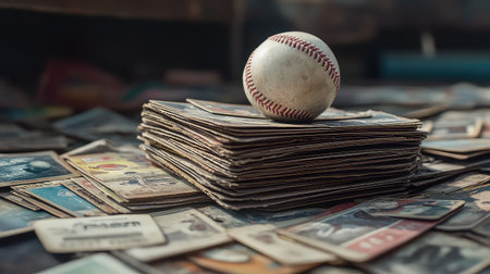 A classic baseball rests atop a stack of old trading cards, highlighting the intersection of sports history and timeless collectibles in a beautifully lit scene.の素材
