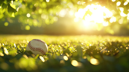 A serene scene of a baseball resting on lush grass illuminated by soft evening sun. The warm light creates a peaceful atmosphere, perfect for outdoor sports.の素材