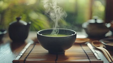 An inviting bowl of steaming green tea sits on a bamboo mat, surrounded by a tranquil tea room atmosphere, perfect for relaxation and cultural appreciation.の素材