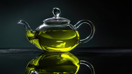 A beautifully crafted glass teapot filled with rich olive oil, showcasing reflections on a dark background, perfect for culinary and lifestyle themes.の素材