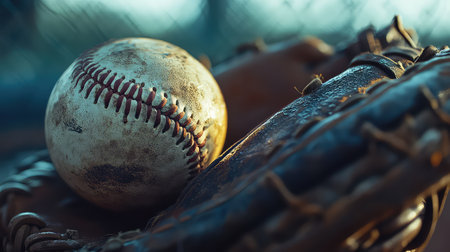This image showcases a close-up view of a weathered baseball resting beside a leather glove, illuminated by natural light, evoking the spirit of outdoor sports.の素材