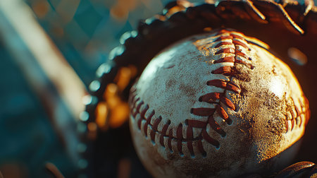 A close-up image of a baseball nestled in a worn leather glove, showcasing intricate details and textures that symbolize the love for the game.の素材