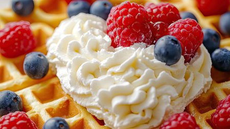 This close-up image features a delicious waffle topped with vibrant raspberries and blueberries, adorned with heart-shaped whipped cream, ideal for a sweet breakfast treat.の素材