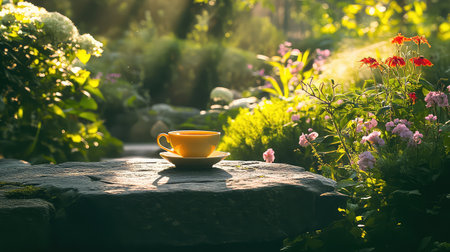 A beautiful garden scene featuring a vibrant yellow cup and saucer resting on a stone table, surrounded by colorful flowers and soft sunlight. Perfect for relaxation.の素材
