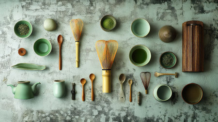 A visually captivating arrangement of tea ceremony essentials showcases various utensils and bowls, exuding a serene and natural aesthetic, perfect for calming moments.の素材