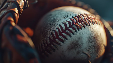A close-up image showcases a well-worn baseball nestled in a vintage leather glove, capturing the essence of outdoor sports and nostalgia in natural light.の素材