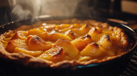 A freshly baked peach pie showcasing golden crust and steaming filling, perfect for summer gatherings or cozy family dinners, emanating warmth and flavor.の素材