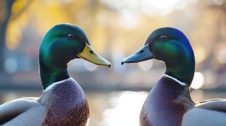 This captivating image features two male mallard ducks elegantly facing each other, set against a serene lake backdrop with vibrant autumn colors. Perfect for nature lovers!の素材