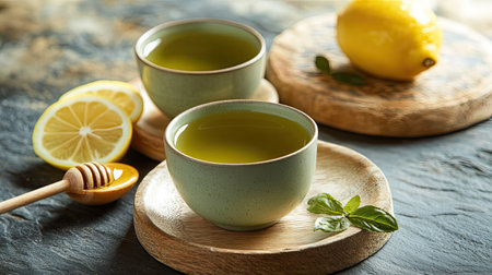 A serene setup featuring two cups of refreshing herbal tea infused with lemon and honey. Ideal for promoting wellness and relaxation in a cozy environment.の素材