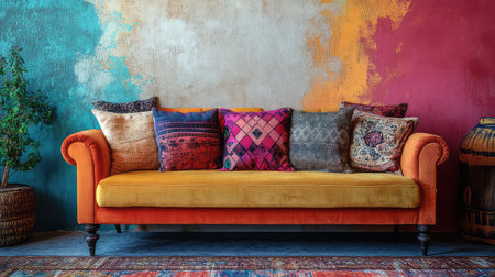 This vibrant living room features a stylish sofa adorned with colorful pillows. The textured wall adds warmth and personality to the inviting space.の素材