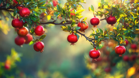 A stunning view of a pomegranate branch laden with ripe fruits, illuminated by soft sunlight in a serene garden, showcasing natureの素材