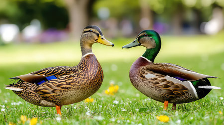 This captivating image shows a pair of colorful ducks standing gracefully on lush green grass in a sunny park setting, illustrating nature's beauty and tranquility.の素材