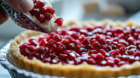A visually appealing pomegranate tart featuring a rich pastry crust topped with vibrant ruby-red pomegranate seeds. Perfect for dessert lovers!の素材