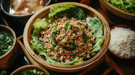 A beautifully presented ground meat dish on crisp lettuce, showcasing fresh herbs and vibrant colors, perfect for a savory dining experience.の素材