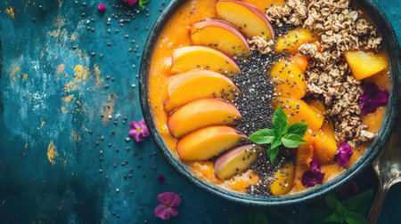 A vibrant smoothie bowl featuring fresh sliced fruits, topped with granola and chia seeds, perfect for healthy breakfast or snack. Ideal for food enthusiasts.の素材