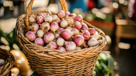A beautiful woven basket filled with fresh, colorful onions showcases the abundant produce found at an outdoor market on a sunny day.の素材
