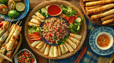 This vibrant and colorful Asian cuisine platter features a delightful assortment of crispy spring rolls, fresh vegetables, and flavorful sauces, perfect for sharing.の素材