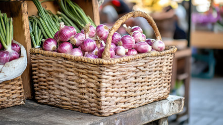 A beautifully woven basket filled with fresh organic shallots at an outdoor market stall, highlighting vibrant colors and natural produce. Perfect for showcasing healthy food choices.の素材