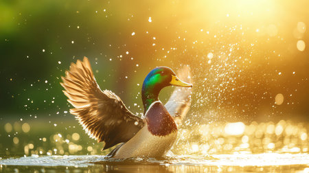 A striking male mallard duck flaps its wings energetically in shimmering water, surrounded by a sunlit ambiance, capturing a moment of natural beauty and freedom.の素材