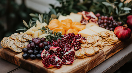 A beautiful charcuterie board featuring a variety of fresh fruits, cheeses, and crispy crackers, perfect for parties or gatherings.の素材