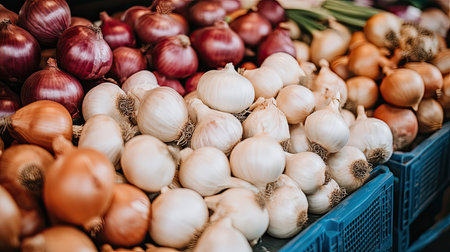 An inviting display of fresh onions at a market, showcasing a variety of colors and textures. This image captures the essence of healthy eating and vibrant cooking.の素材