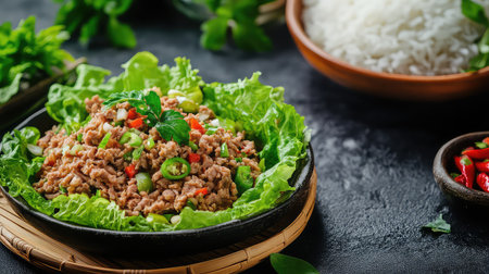 A vibrant plate featuring ground meat garnished with fresh herbs and served on crisp lettuce leaves, accompanied by fluffy rice. Perfect for meal prep.の素材