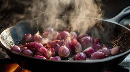 A dynamic scene captures red onions sizzling in a cast iron pan, releasing steam and enhancing the kitchen atmosphere during the cooking process.の素材
