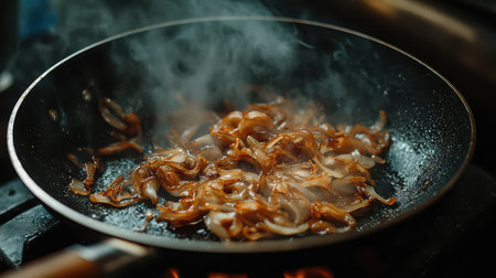 This image captures freshly sliced onions sizzling in a hot frying pan, creating an aromatic steam in a bustling kitchen environment, perfect for culinary enthusiasts.の素材