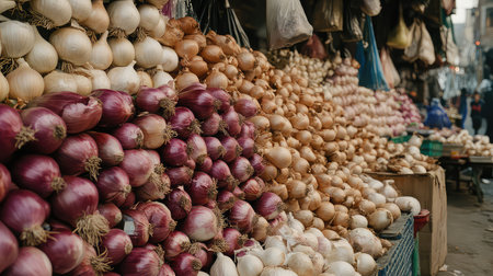 A lively outdoor market scene showcasing a colorful array of fresh onions in various shades, highlighting rural life and culinary diversity, perfect for food-related projects.の素材