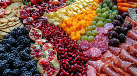 Vibrant arrangement featuring a medley of fresh fruits, flavorful cheeses, and cured meats, perfect for catering or entertaining at any event.の素材