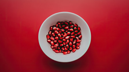 Close-up of fresh pomegranate seeds in a white bowl set against a bright red background, emphasizing the vibrant color and allure of healthy eating. Perfect for culinary inspiration and food photography.の素材