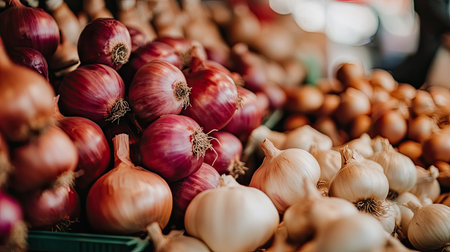 This image captures a vibrant display of fresh onions at a bustling farmers market, showcasing the variety in color and shape, perfect for food enthusiasts.の素材