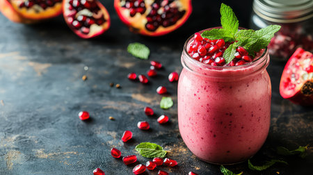 A vibrant pomegranate smoothie served in a glass jar, topped with mint leaves and seeds, showcasing a delicious and healthy snack option on a rustic surface.の素材