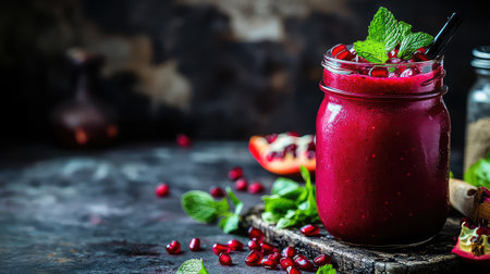 A vibrant pomegranate smoothie garnished with fresh mint leaves, beautifully presented in a glass jar on a rustic wooden board, ideal for a refreshing drink.の素材