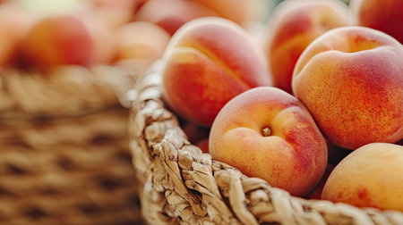 A close-up view of fresh peaches in a natural woven basket, showcasing their vibrant colors and smooth texture, perfect for summer fruit lovers.の素材