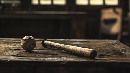 Capture the essence of nostalgia with a vintage baseball bat and ball resting on a weathered wooden table, illuminated by soft natural light.の素材