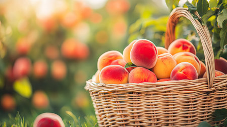 A picturesque scene capturing a woven basket filled with freshly harvested peaches, set in a lush orchard, illuminated by warm morning light.の素材