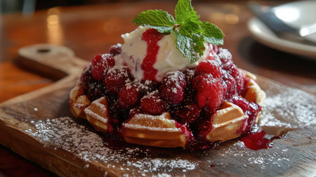 A mouthwatering waffle served with a generous topping of fresh berries, a scoop of creamy ice cream, and a sprig of mint, perfect for any dessert lover.の素材